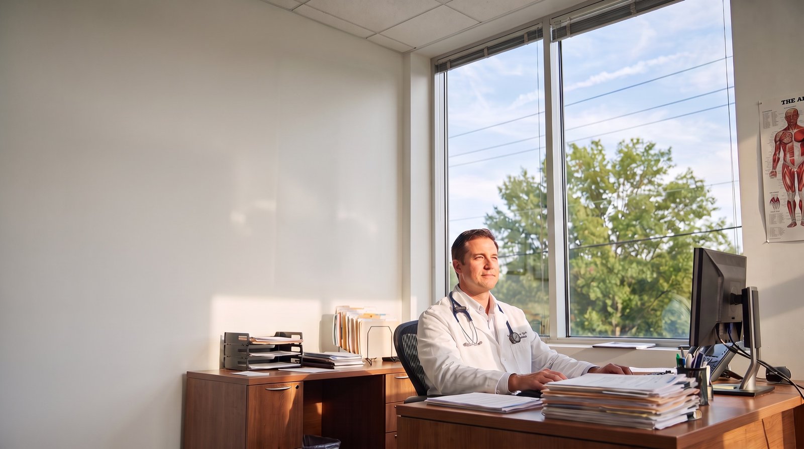 A confident physician in a white coat at the desk of a bright private-practice office